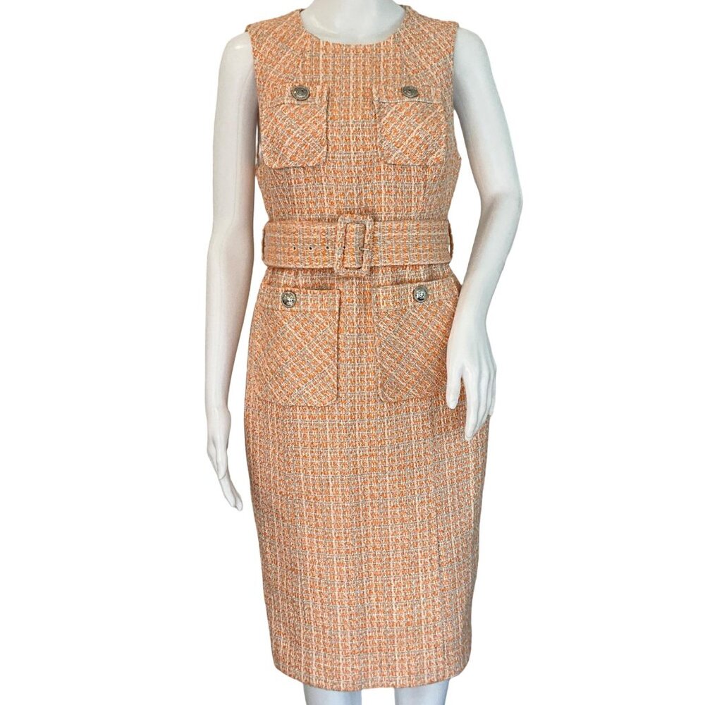 NWT Karen Millen Petite Women's Tweed Belted Pencil Midi Dress Orange Sz 6